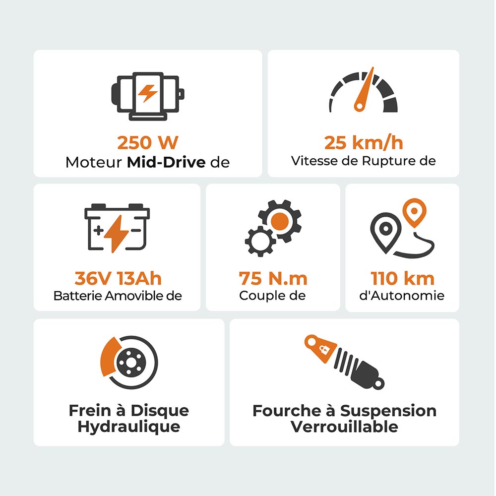 Foride Urbano 1 Vélo électrique, moteur central 250 W, batterie 36 V 13 Ah, pneus 26 pouces, vitesse maximale 25 km/h, autonomie 110 km, freins à disque hydrauliques, fourche à suspension avec blocage, transmission Shimano 7 vitesses