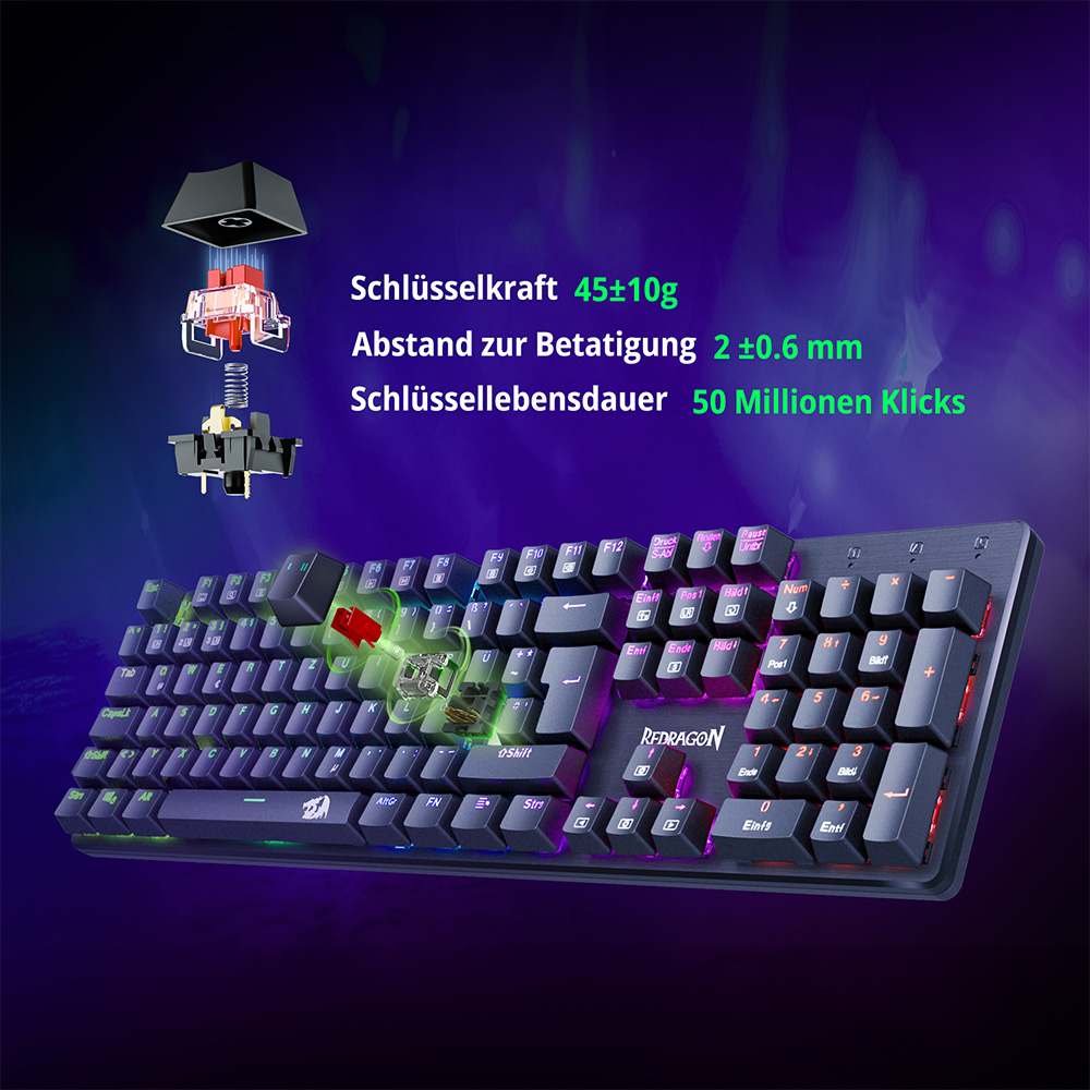Redragon K671-DE Mechanikus Gaming Billentyűzet, 105 Gombos Teljes Méret, DE QWERTZ Kiosztás, USB-C Vezetékes, Hot-Swap Kapcsolók, RGB Háttérvilágítás, Anti-Ghosting, Kompatibilis Windows/macOS, Játékhoz és Irodához