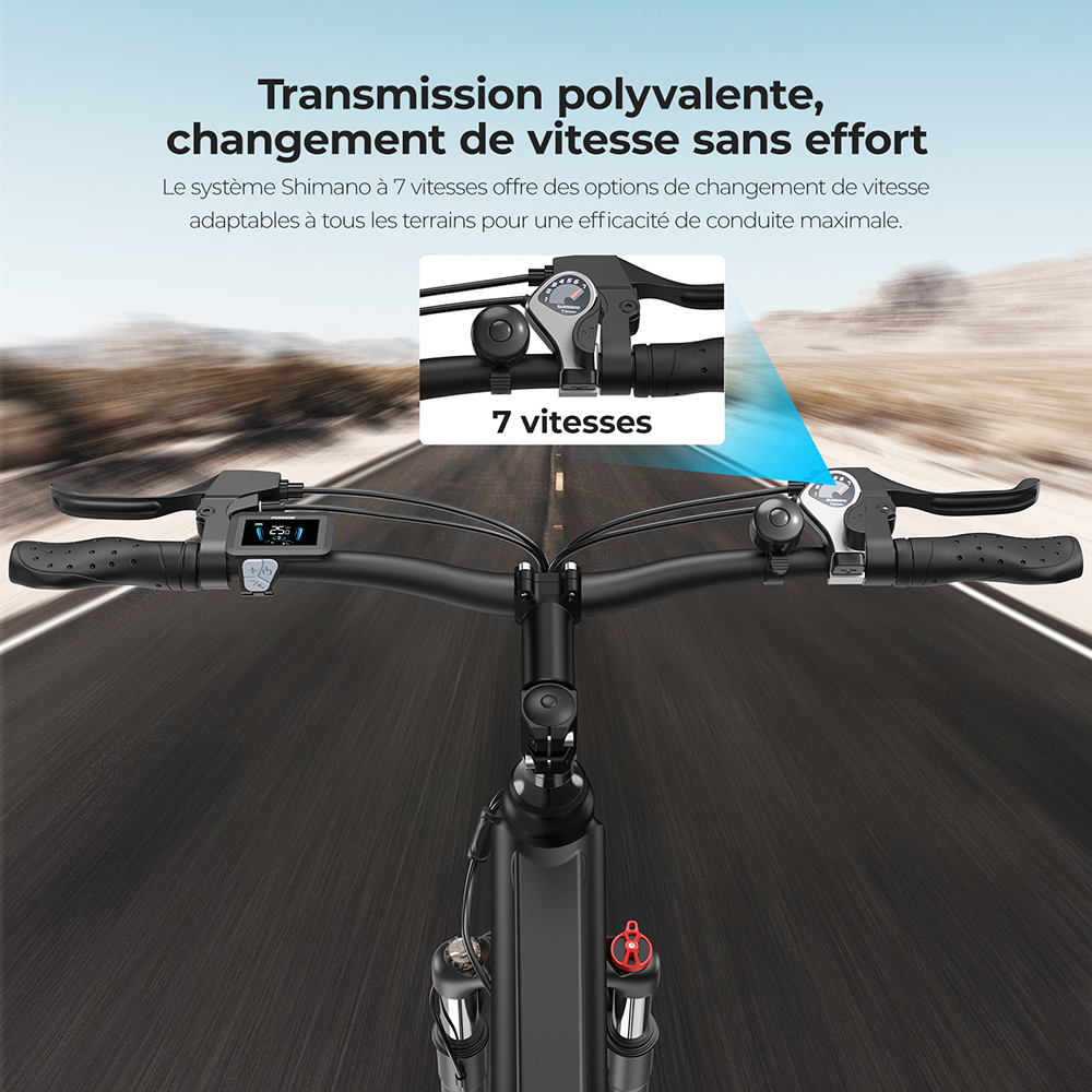Foride Roamer 1 Vélo électrique à enjambement, moteur 250 W, batterie 36 V 13 Ah, pneus 27,5 pouces, vitesse maximale 25 km/h, autonomie maximale 100 km, frein à disque, suspension avec blocage, transmission Shimano 7 vitesses