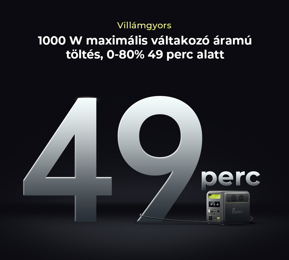 FOSSiBOT F1200 Hordozható Erőmű, 1024 Wh Kapacitás, 1200 W Névleges Teljesítmény, 3 LED Világítási Mód, 7 Kimeneti Port, BMS Védelem, <10 ms Átkapcsolás, 5 Fokozatú Bemeneti Szabályozó, EV Minőségű LiFePO4 Akkumulátor, 4000+ Ciklusidő