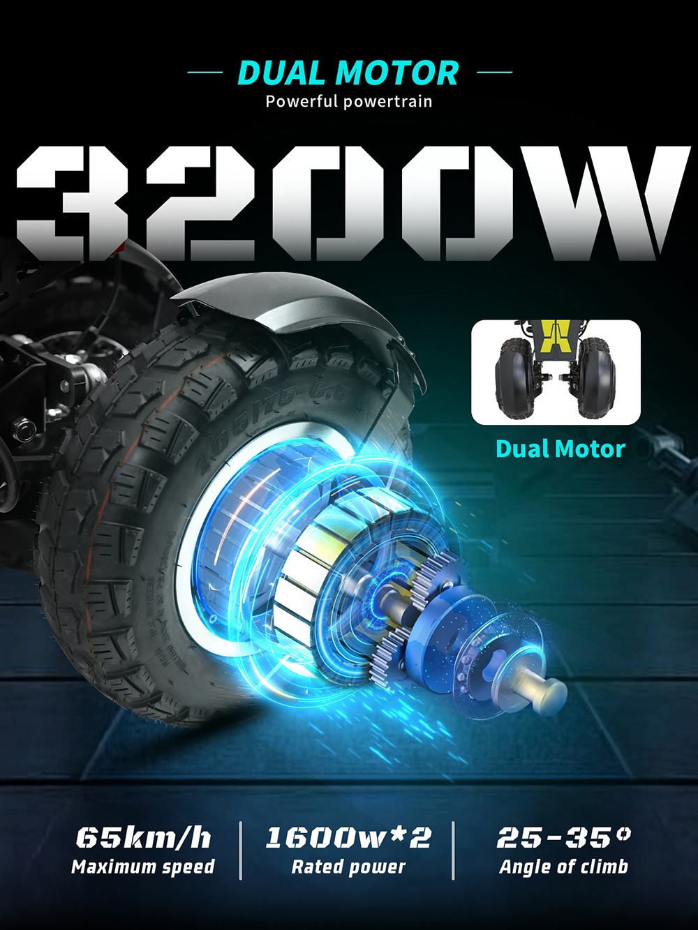 OOTD T30 Összecsukható Elektromos Roller, 1600W*2 Motor, 60V 31.2Ah Akkumulátor, 13 colos Terepjáró Gumiabroncsok, 65km/h Max. Sebesség, 100km Max. Hatótávolság, Hidraulikus Tárcsafékek, Elöl Hidraulikus & Hátul Rugós Felfüggesztés, 200kg Max. Terhelhetőség