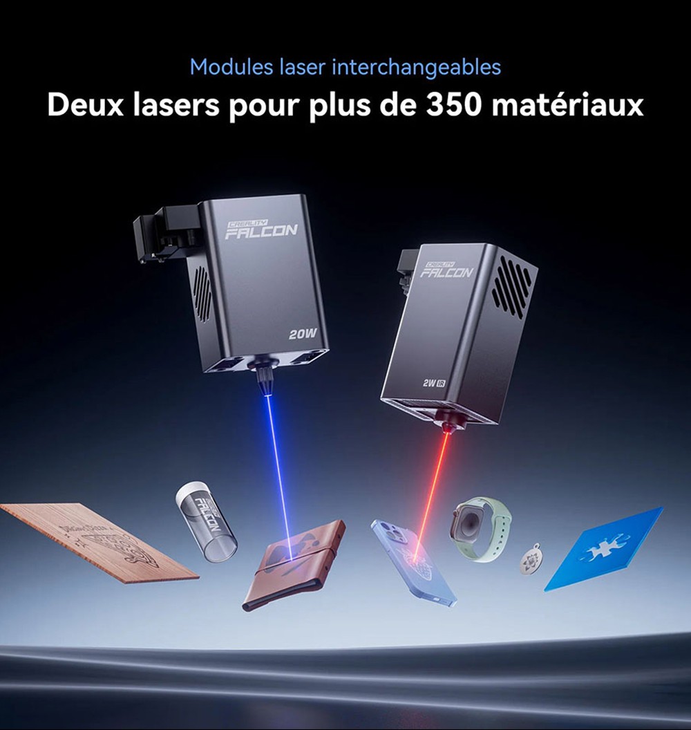 Creality Falcon A1 Pro Graveur laser, 20W bleu et 2W IR, caméra IA, vitesse élevée de 600 mm/s, écran tactile 4,3 pouces, 358x268mm, gris