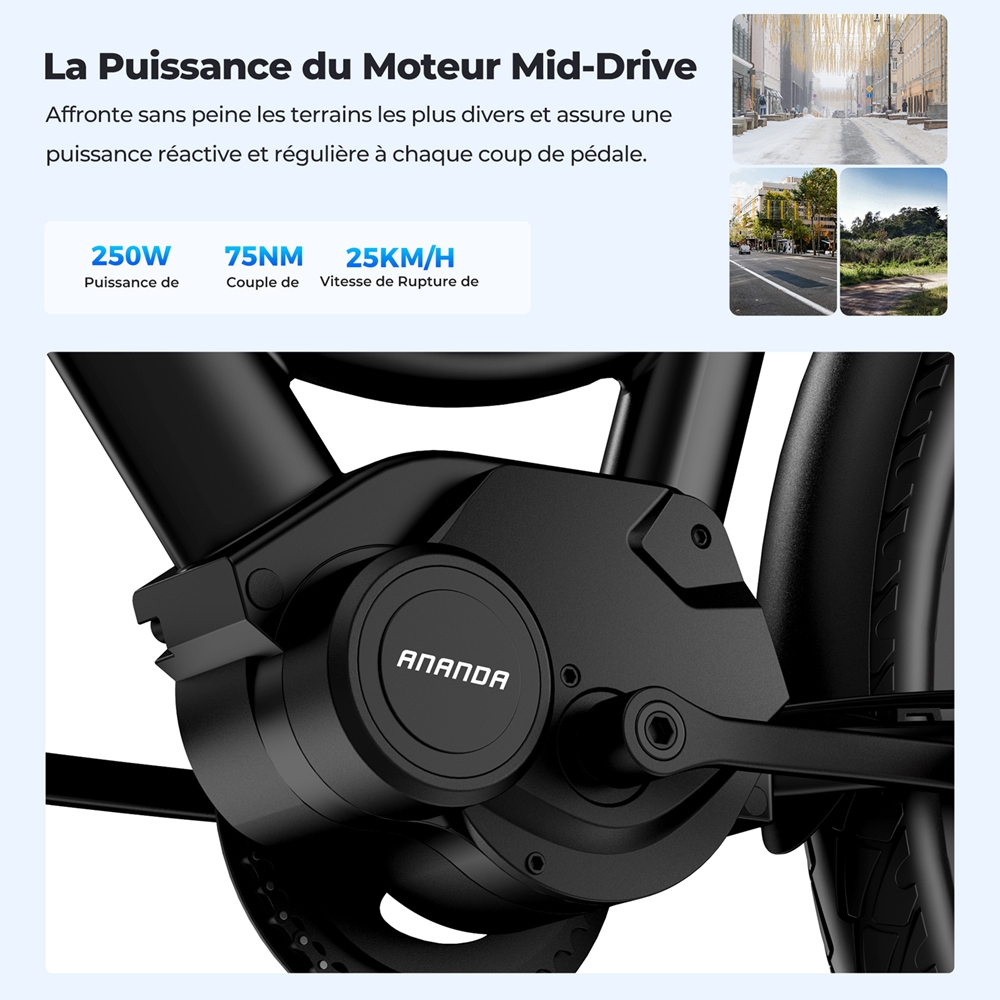 Foride Urbano 2 Vélo électrique, moteur central 250 W, batterie 36 V 13 Ah, pneus 26 pouces, vitesse maximale 25 km/h, autonomie 100 km, frein à disque hydraulique, suspension avec blocage, transmission Shimano 7 vitesses