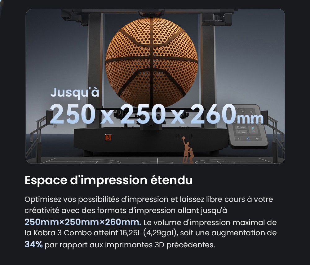 Imprimante 3D ANYCUBIC KOBRA 3 COMBO, avec ACE Pro, vitesse maximale de 600 mm/s, double système de chauffage PTC, impression multicolore intelligente, mise à niveau automatique, détection de colmatage des buses, taille extensible 250 x 250 x 260 mm