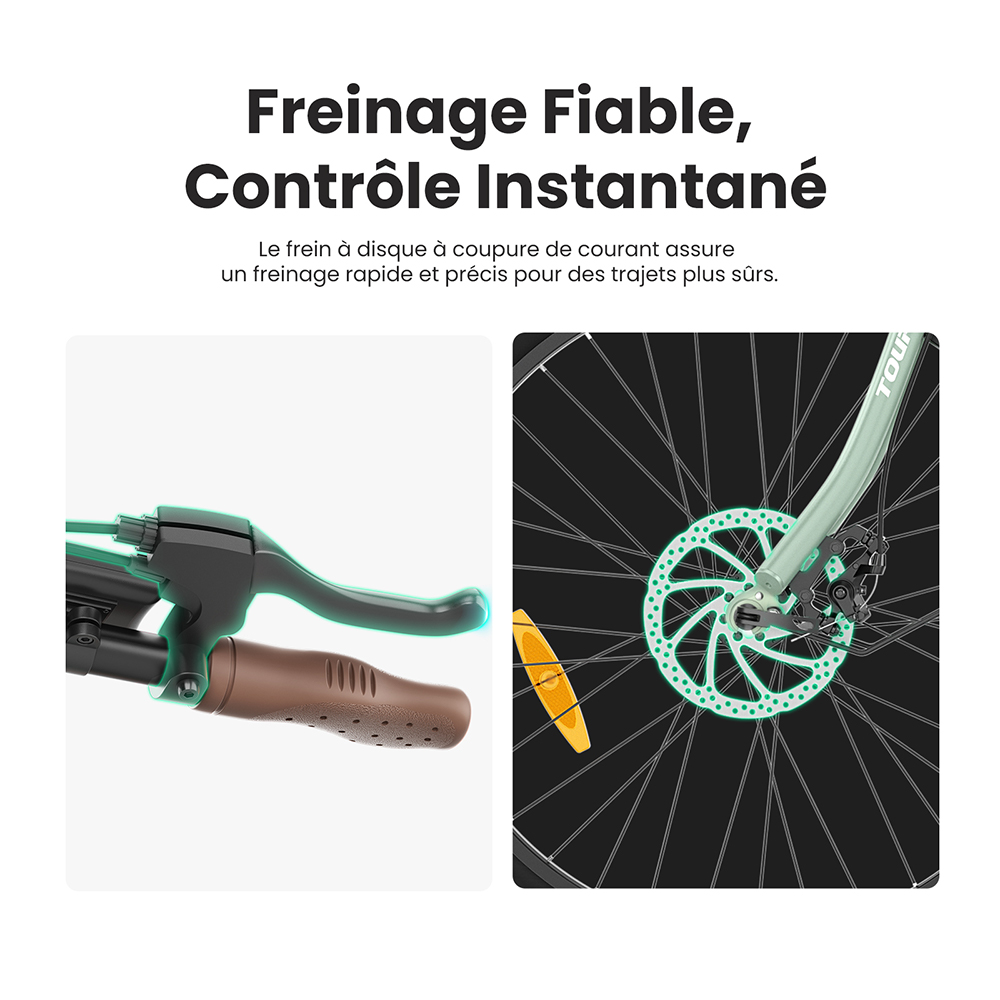 Touroll B2 Vélo électrique, moteur 250 W, batterie 36 V 15,6 Ah, pneus 26 x 2,25 pouces, vitesse maximale 25 km/h, autonomie 100 km, frein à disque et frein électrique, Shimano 7 vitesses, écran LED