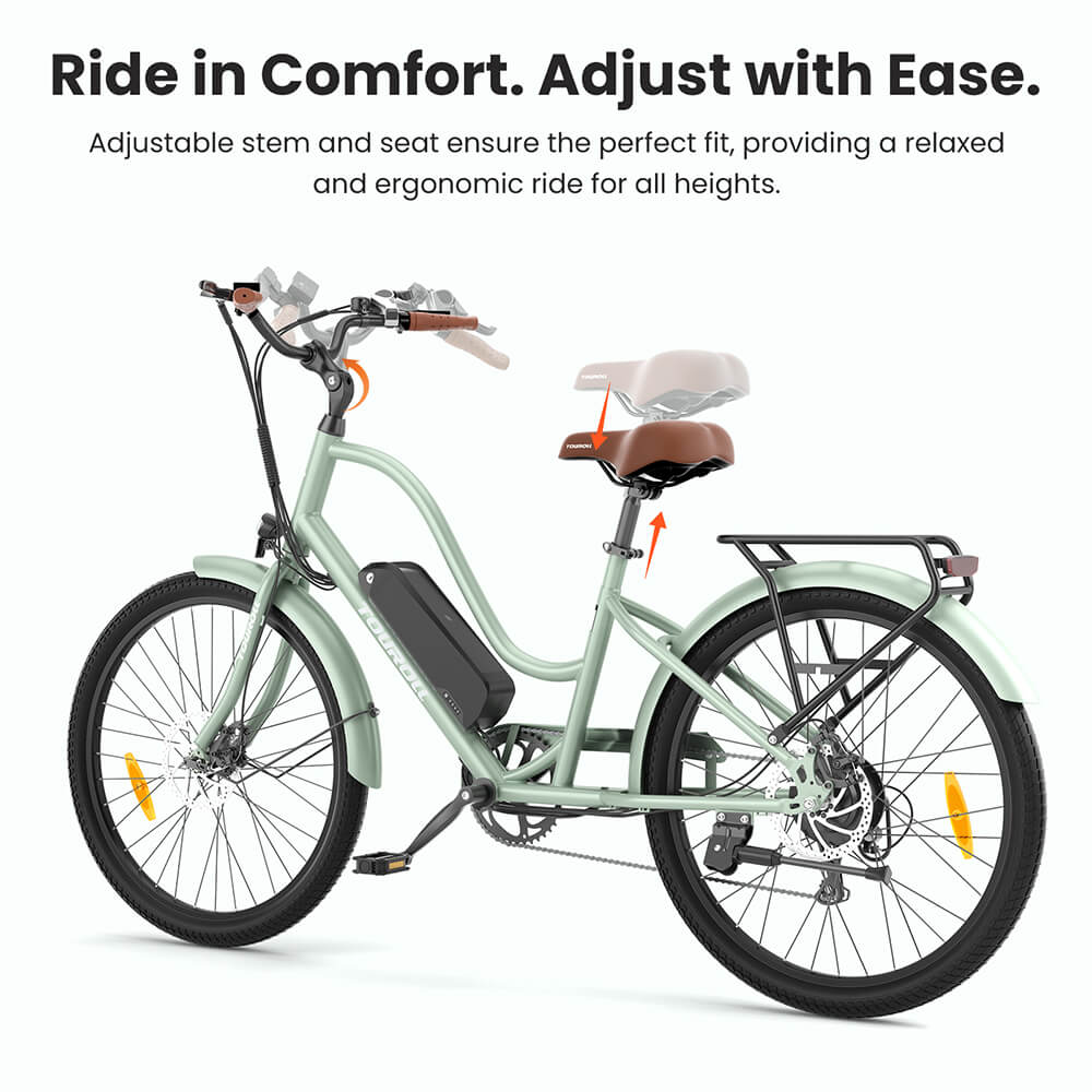 Touroll B2 Electric Bike, 250W Motor, 36V 15.6Ah Battery, 26*2.25 inch Tires, 25km/h Max Speed, 100km Range, Disc Brake & E-Brake, Shimano 7-speed, LED Display