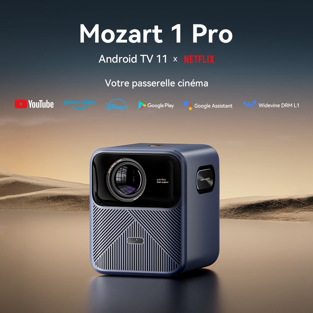Projecteur LCD Wanbo Mozart 1 Pro, 900 ANSI, 1080P natif, Android TV 11, mise au point automatique, évitement d'objets - Prise UE