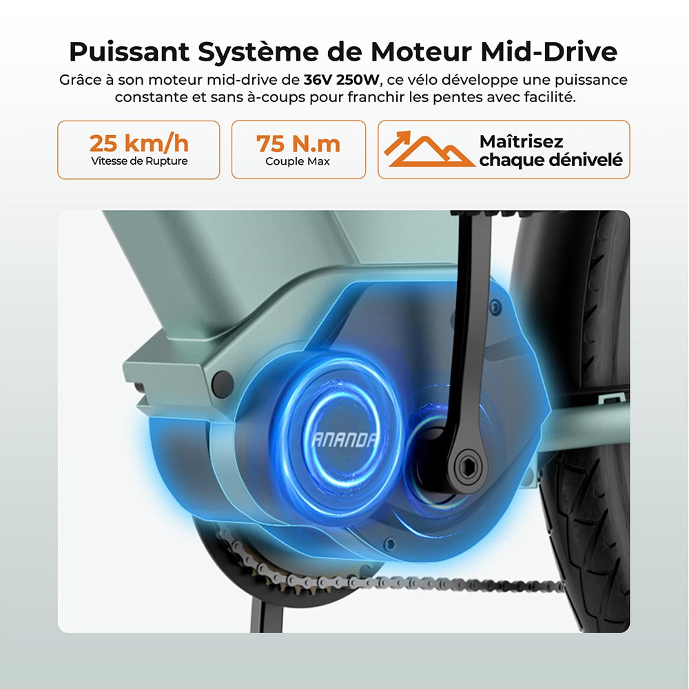 Foride Urbano 1 Vélo électrique, moteur central 250 W, batterie 36 V 13 Ah, pneus 26 pouces, vitesse maximale 25 km/h, autonomie 110 km, freins à disque hydrauliques, fourche à suspension avec blocage, transmission Shimano 7 vitesses