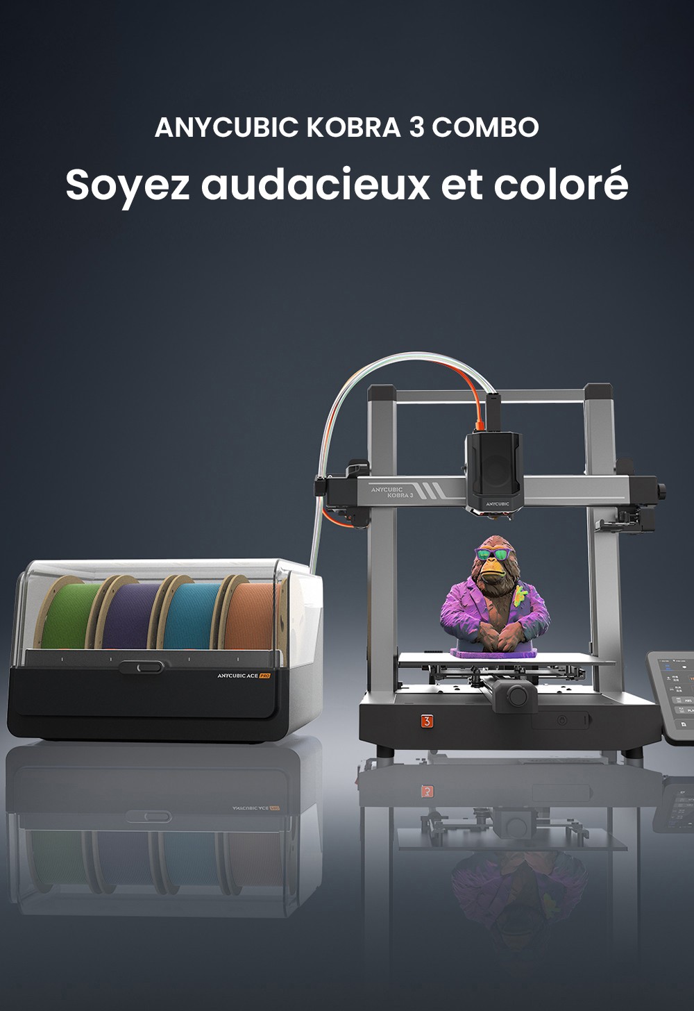 Imprimante 3D ANYCUBIC KOBRA 3 COMBO, avec ACE Pro, vitesse maximale de 600 mm/s, double système de chauffage PTC, impression multicolore intelligente, mise à niveau automatique, détection de colmatage des buses, taille extensible 250 x 250 x 260 mm