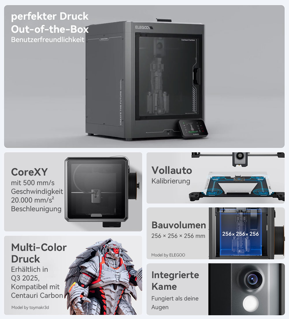 Elegoo Centauri Carbon 3D-Drucker, CoreXY 500mm/s, 320°C Düse, Carbon/PLA/ABS-kompatibel, Auto-leveling, 256*256*256mm
