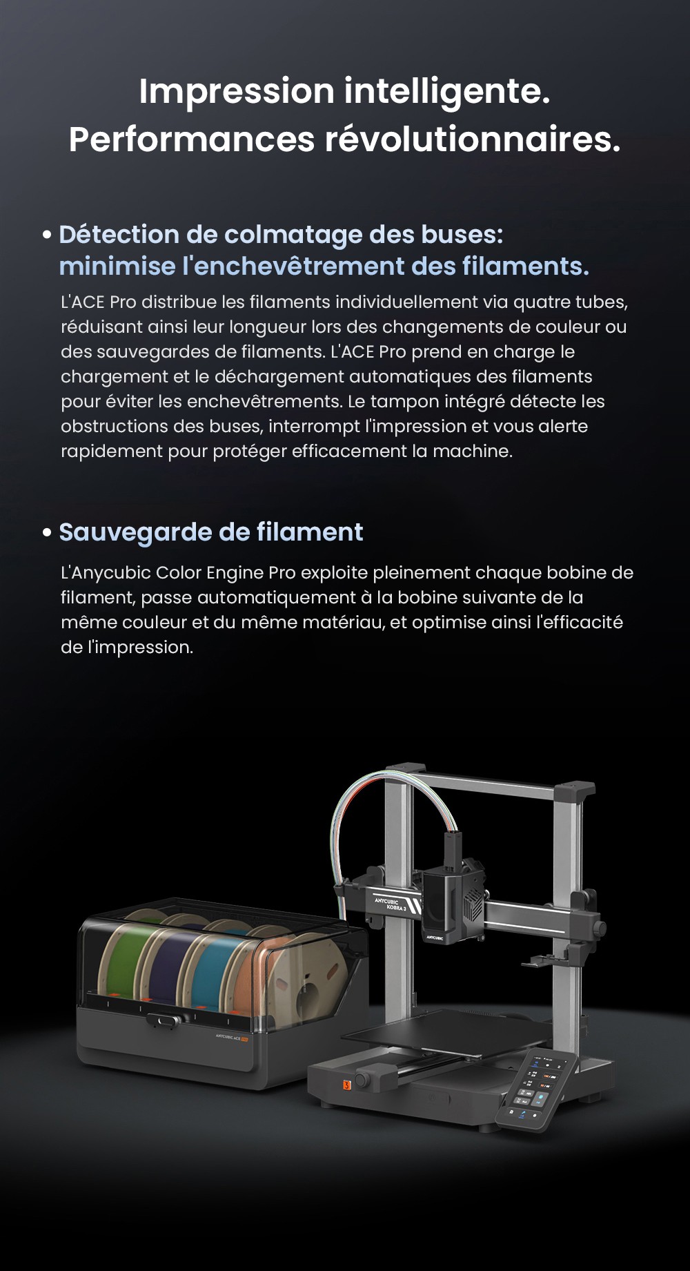 Imprimante 3D ANYCUBIC KOBRA 3 COMBO, avec ACE Pro, vitesse maximale de 600 mm/s, double système de chauffage PTC, impression multicolore intelligente, mise à niveau automatique, détection de colmatage des buses, taille extensible 250 x 250 x 260 mm