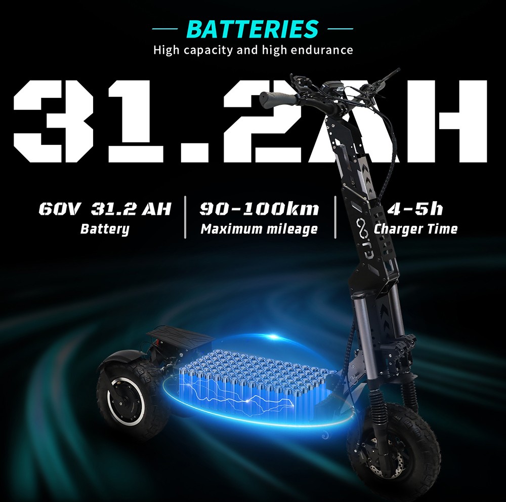 OOTD T30 Összecsukható Elektromos Roller, 1600W*2 Motor, 60V 31.2Ah Akkumulátor, 13 colos Terepjáró Gumiabroncsok, 65km/h Max. Sebesség, 100km Max. Hatótávolság, Hidraulikus Tárcsafékek, Elöl Hidraulikus & Hátul Rugós Felfüggesztés, 200kg Max. Terhelhetőség