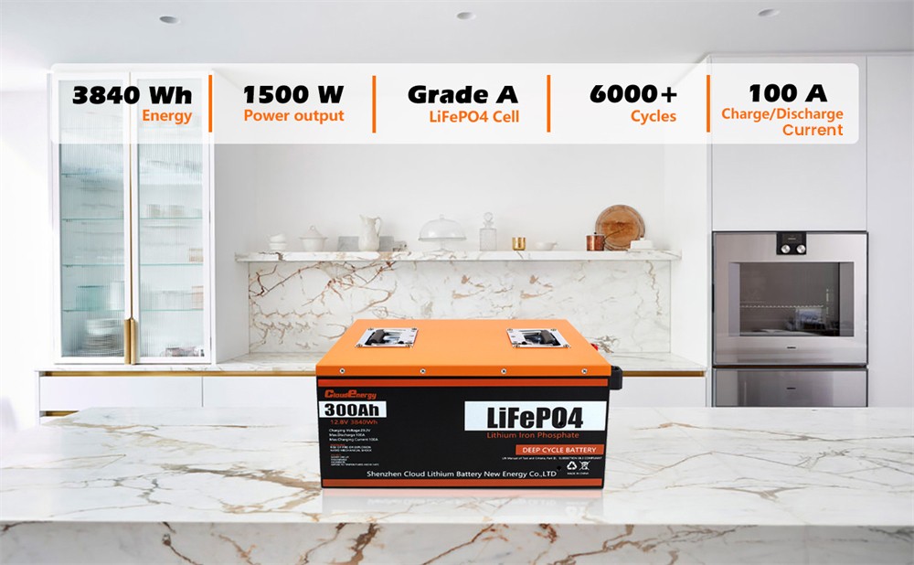 Batterie Cloudenergy 12V 300Ah LiFePO4, 3840Wh d'énergie, 6000+ cycles, BMS 100A intégré