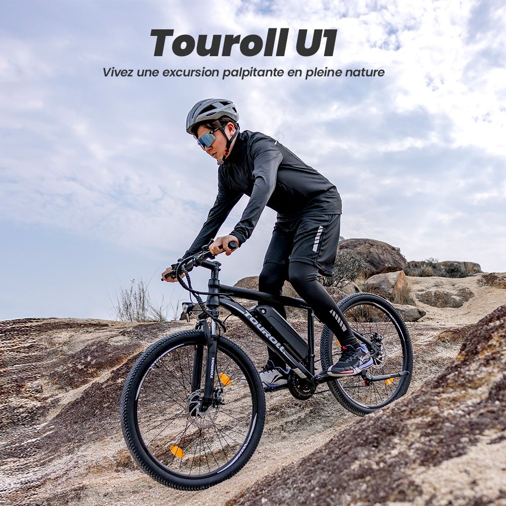 Vélo VTT électrique tout-terrain Touroll U1 26 pouces avec moteur 250 W, batterie amovible 36 V 13 Ah, autonomie maximale de 65 km, transmission Shimano 21 vitesses, frein à disque Shimano 21 vitesses, étanchéité IPX4 - Noir