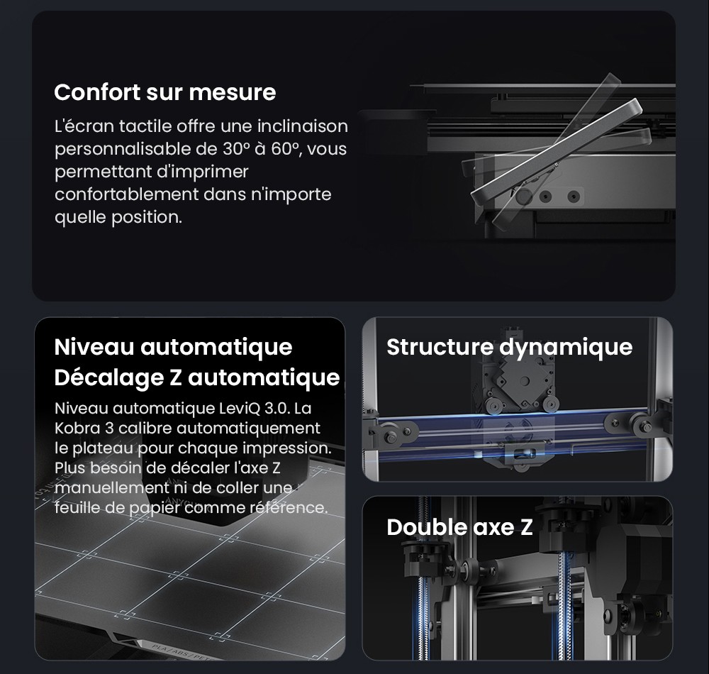 Imprimante 3D ANYCUBIC KOBRA 3 COMBO, avec ACE Pro, vitesse maximale de 600 mm/s, double système de chauffage PTC, impression multicolore intelligente, mise à niveau automatique, détection de colmatage des buses, taille extensible 250 x 250 x 260 mm