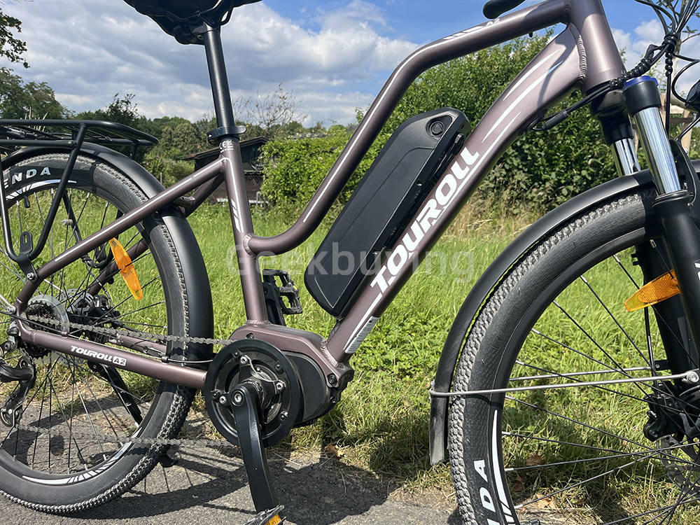 Touroll MA2 Elektrofahrrad, 250W Mittelmotor, 36V 13Ah Akku, 27,5 Zoll Reifen, 25 km/h Höchstgeschwindigkeit, 100 km maximale Reichweite, hydraulische Scheibenbremse, Federgabel mit Verriegelung, Shimano 7-Gang-Schaltung – Braun