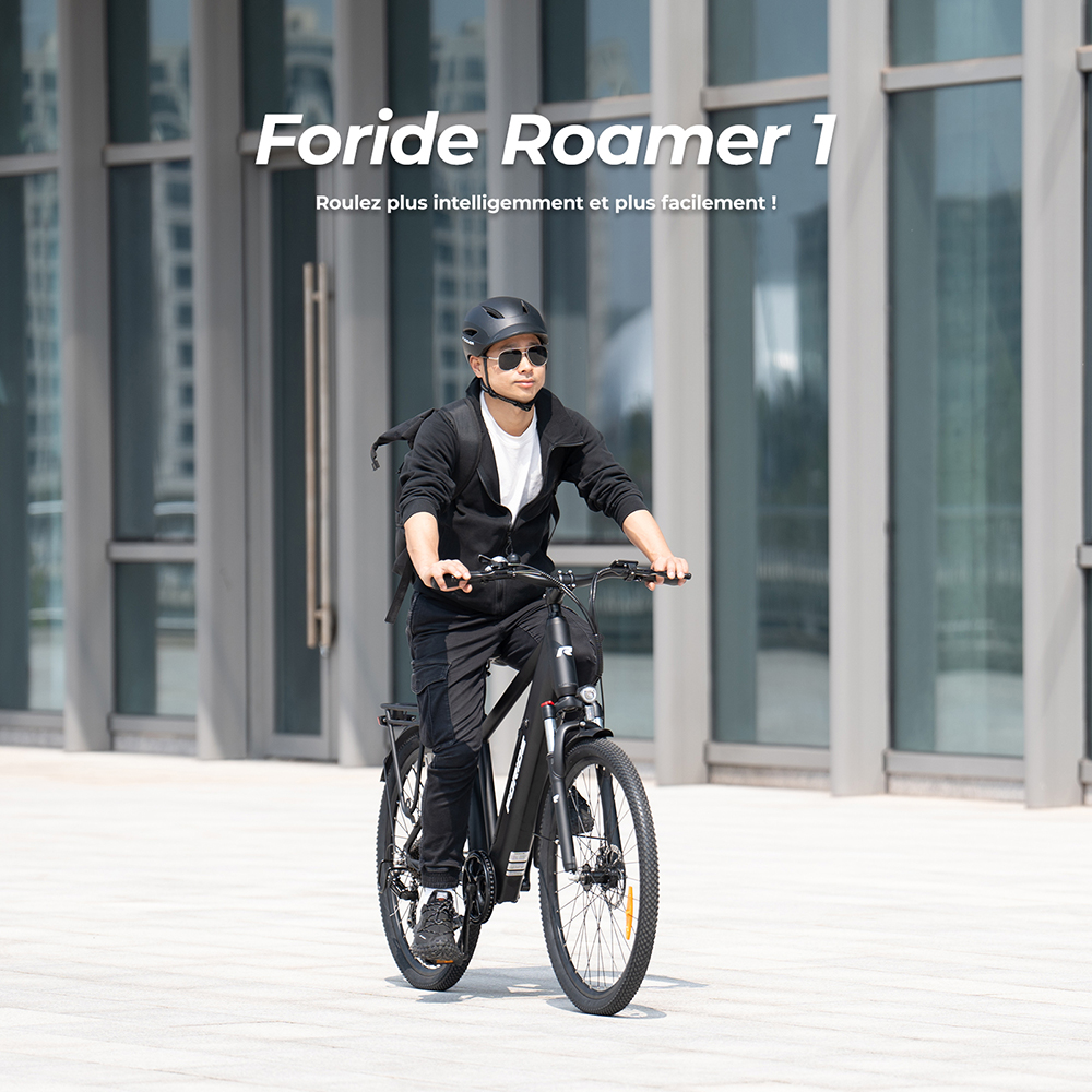 Foride Roamer 1 Vélo électrique à enjambement, moteur 250 W, batterie 36 V 13 Ah, pneus 27,5 pouces, vitesse maximale 25 km/h, autonomie maximale 100 km, frein à disque, suspension avec blocage, transmission Shimano 7 vitesses