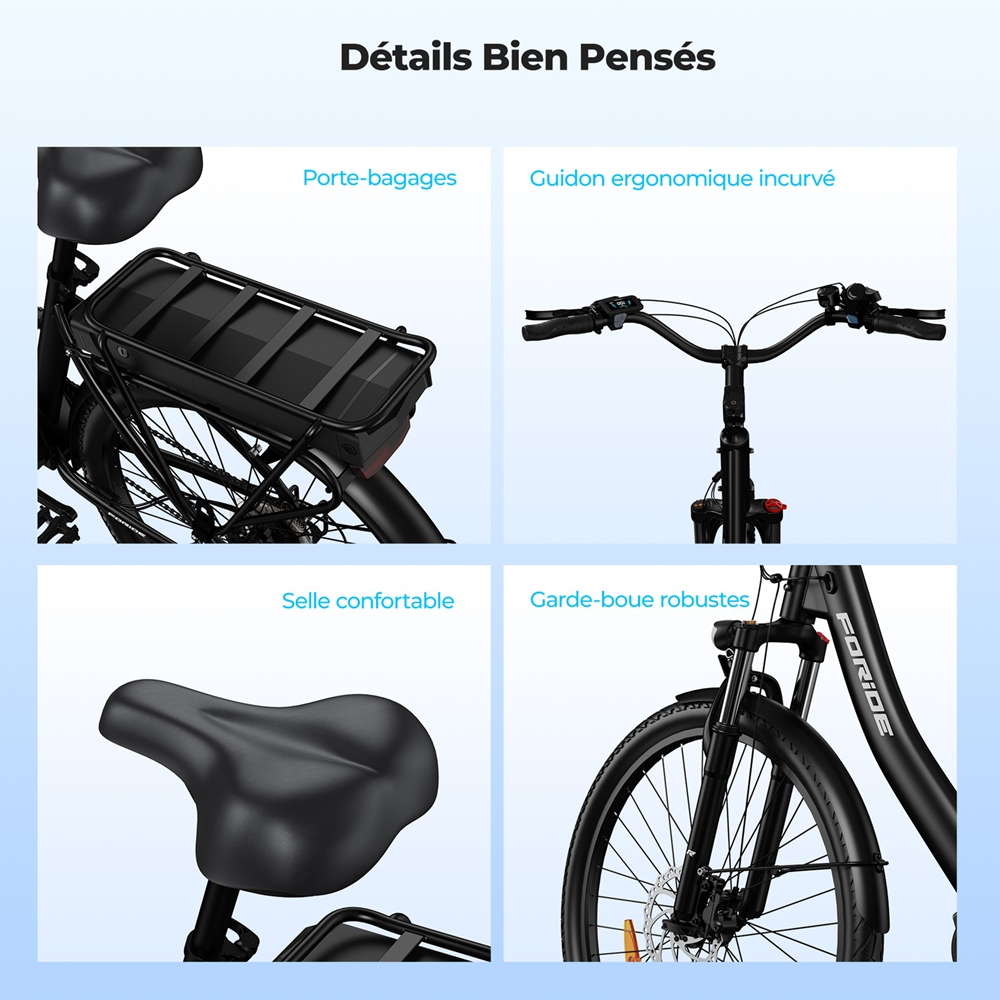 Foride Urbano 2 Vélo électrique, moteur central 250 W, batterie 36 V 13 Ah, pneus 26 pouces, vitesse maximale 25 km/h, autonomie 100 km, frein à disque hydraulique, suspension avec blocage, transmission Shimano 7 vitesses