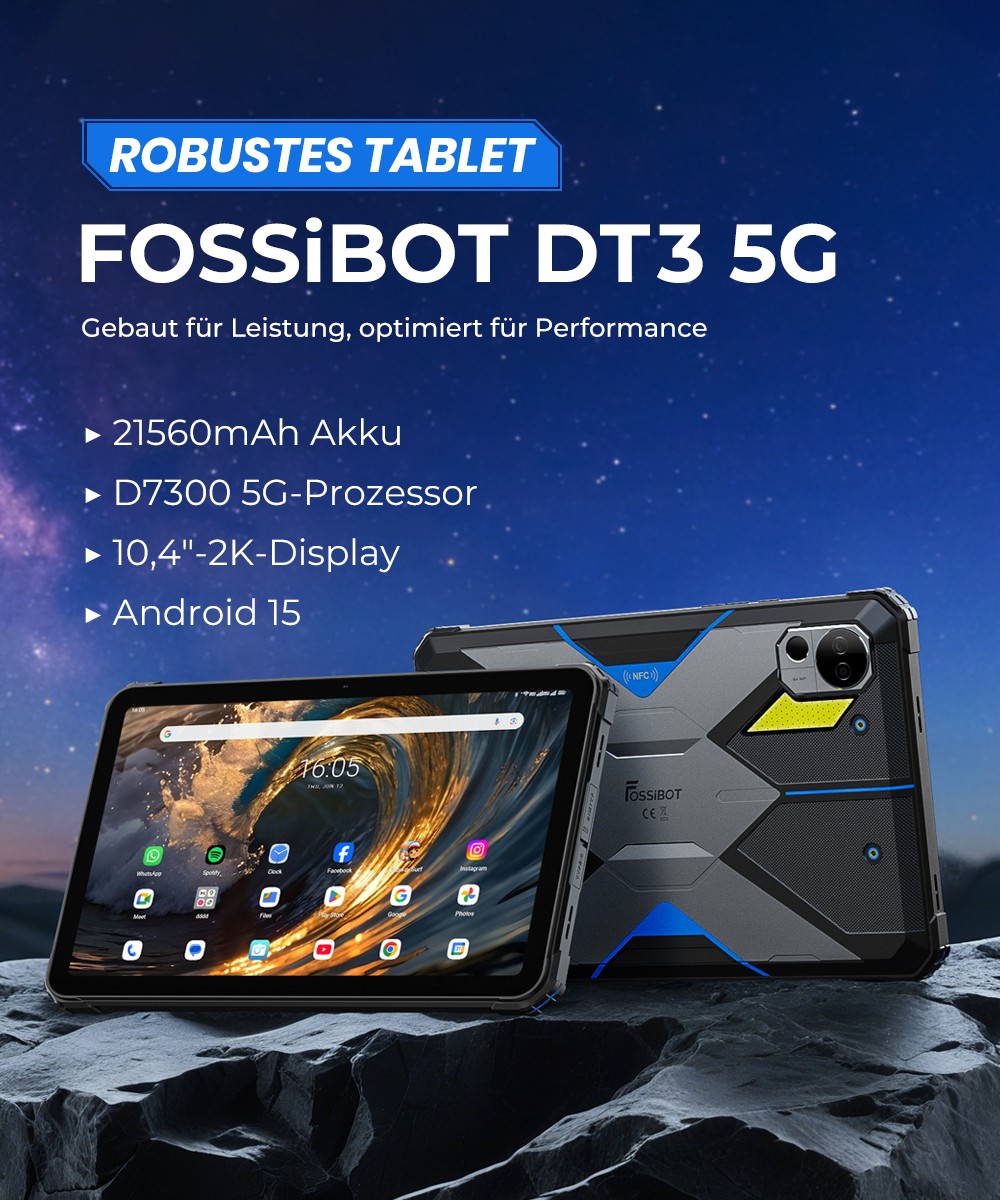 FOSSiBOT DT3 5G Rugged Tablet, Android 15, 10,4 Zoll 1200x2000 Display, 12GB RAM 256GB ROM, WiFi 6, 21560mAh Akku 66W Schnellladung, 64MP+32MP Kamera, LED-Taschenlampe, NFC, GPS/GALILEO/GLONASS/QZSS/BEIDOU/NavIC, Fingerabdruck- & Face ID-Entsperrung - Blau