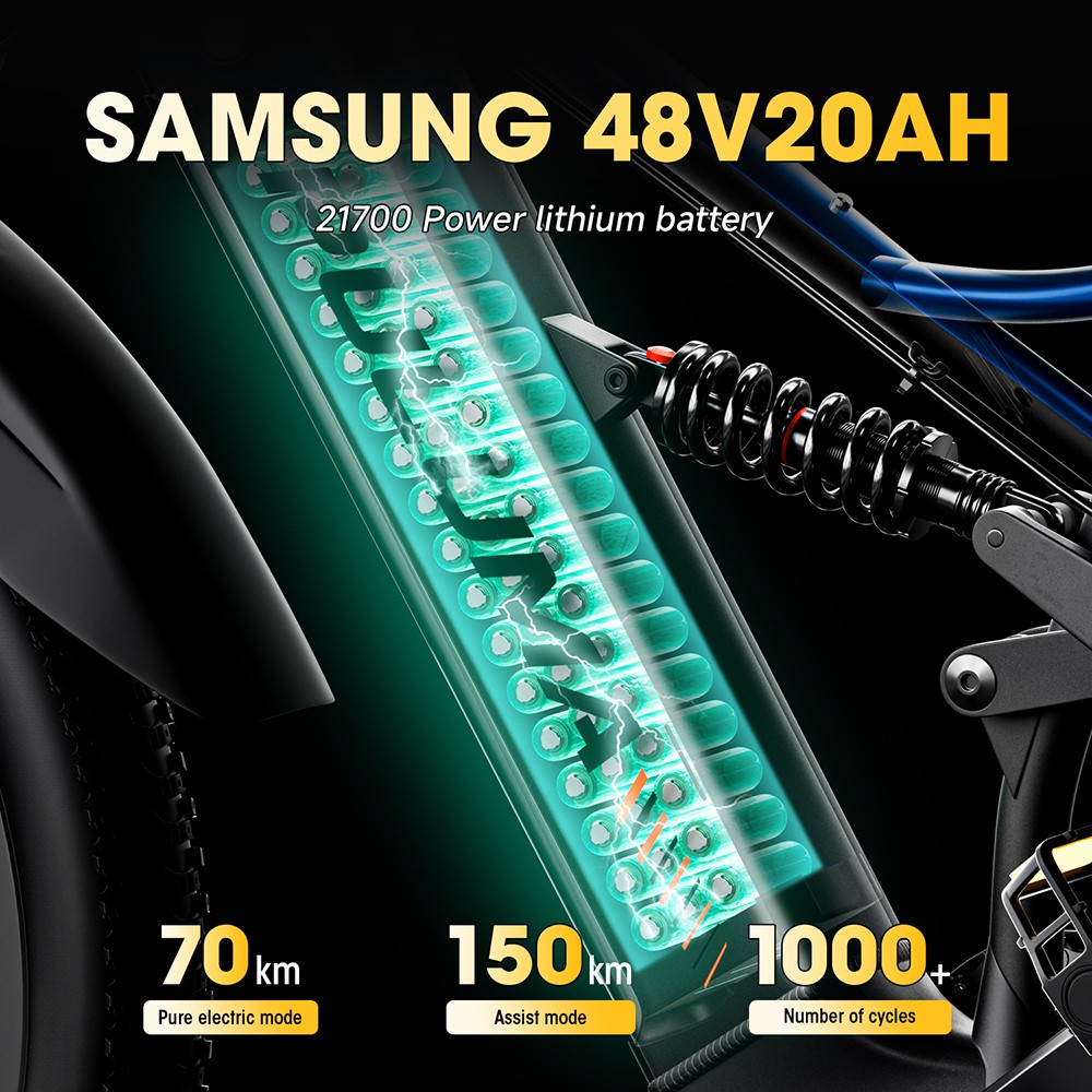PULUMA PE86 Elektromos Kerékpár, 500 W-os Motor, 48 V 20 Ah Akkumulátor, 26 colos Gumiabroncsok, 40 km/h Max. Sebesség, 150 km Hatótávolság, Hidraulikus Fékek, Olajrugós Felfüggesztés, Shimano 7 Sebességváltó, LCD Kijelző, Nyomaték Érzékelő