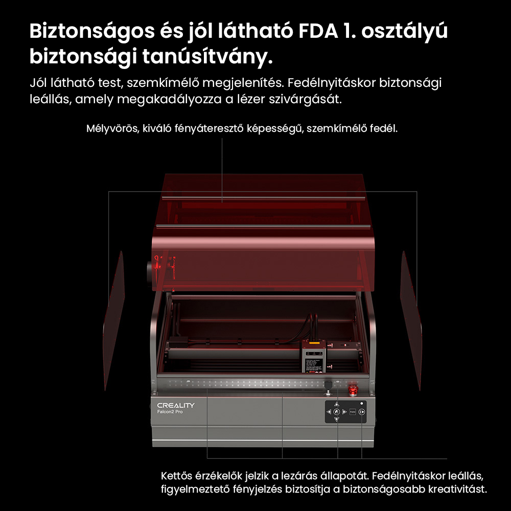 Creality Falcon2 Pro 40W-os lézergravírozó vágó, FDA 1. osztályú biztonsági tanúsítvány, füstelszívás, integrált légrásegítés, beépített kamera, kerítés típusú védőcsík, tűz- / légáramlás- / lencsefigyelés, 400*415mm