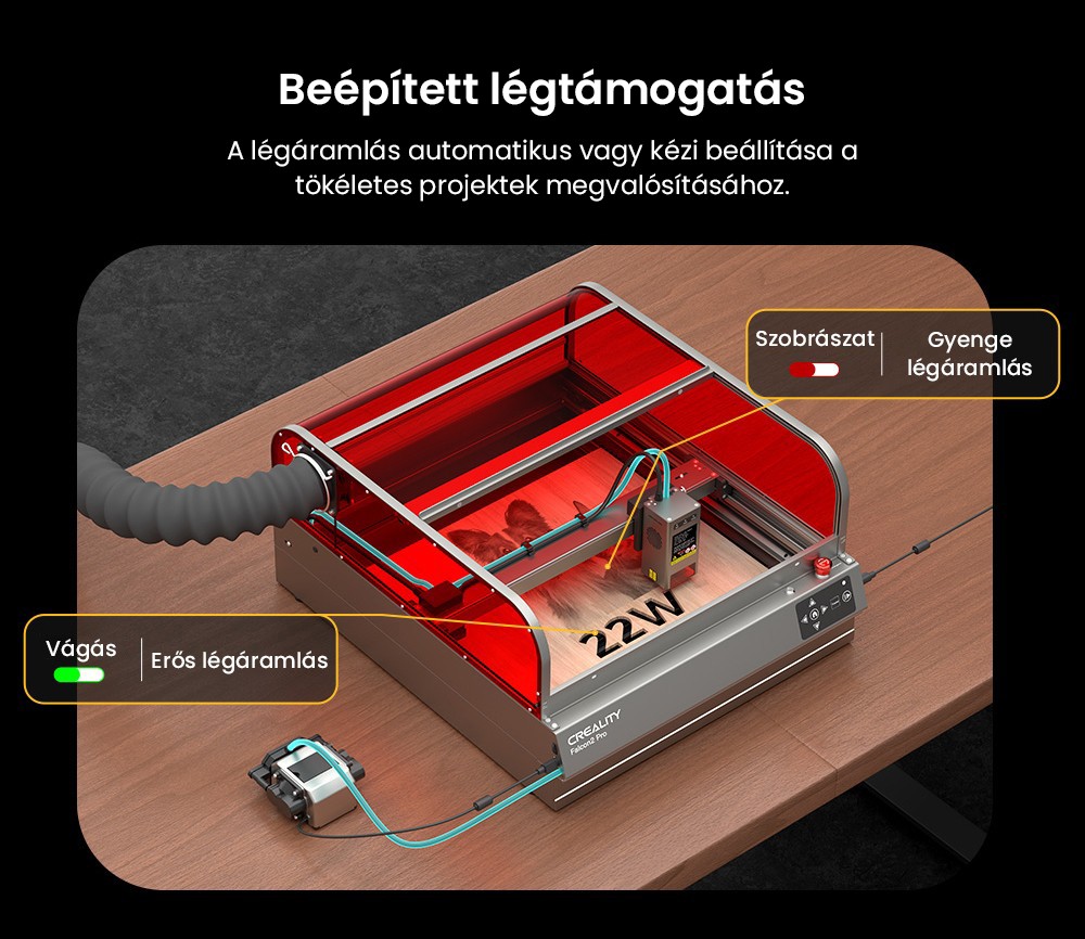 Creality Falcon2 Pro 40W-os lézergravírozó vágó, FDA 1. osztályú biztonsági tanúsítvány, füstelszívás, integrált légrásegítés, beépített kamera, kerítés típusú védőcsík, tűz- / légáramlás- / lencsefigyelés, 400*415mm