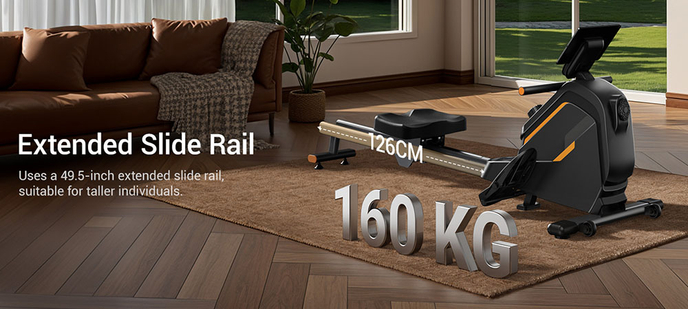 ROBORE UR30 Rower Machine with 126cm Extended Track, 16-Level Magnetic Resistance, 160kg Weight Capacity, Silent Operation