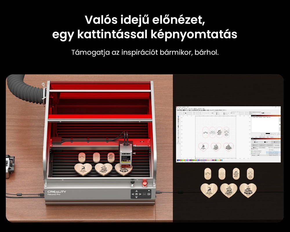 Creality Falcon2 Pro 40W-os lézergravírozó vágó, FDA 1. osztályú biztonsági tanúsítvány, füstelszívás, integrált légrásegítés, beépített kamera, kerítés típusú védőcsík, tűz- / légáramlás- / lencsefigyelés, 400*415mm