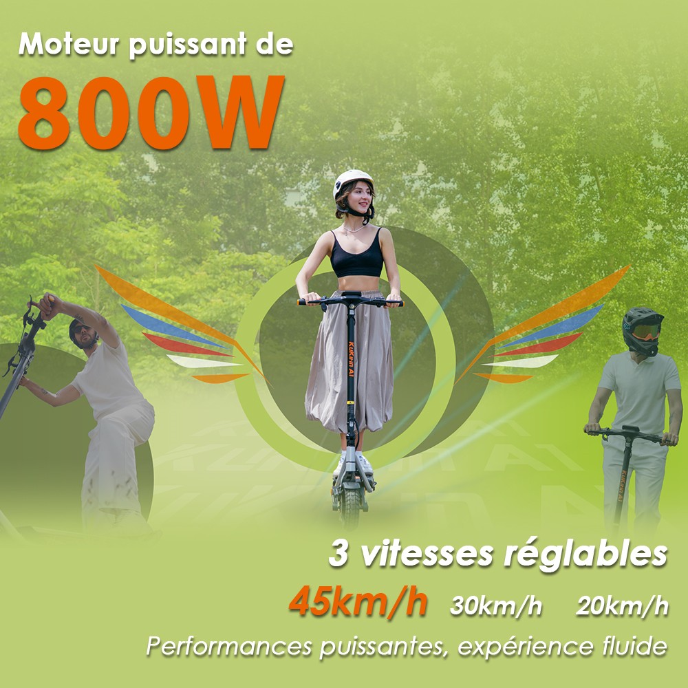 Kukirin A1 Trottinette électrique pliable, moteur 800 W, batterie 48 V 13 Ah, pneu à vide de 10 pouces, vitesse maximale de 45 km/h, autonomie de 45 km, freins à disque avant et arrière, amortisseurs avant et arrière