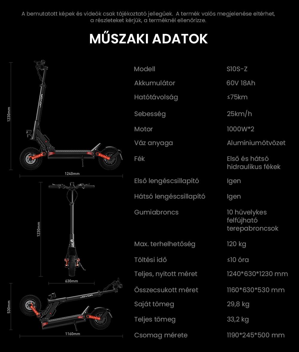 Joyor S10-SZ Elektromos Roller 10 hüvelykes Terepjáró Gumiabroncsok 60V 18Ah Akkumulátor 1000W*2 Dupla Motor 70-85KM Hatótávolság 120KG Terhelhetőség Dupla Hidraulikus Tárcsafék Lengéscsillapító Irányjelző LED Kijelző Frissítés az S10-S-től