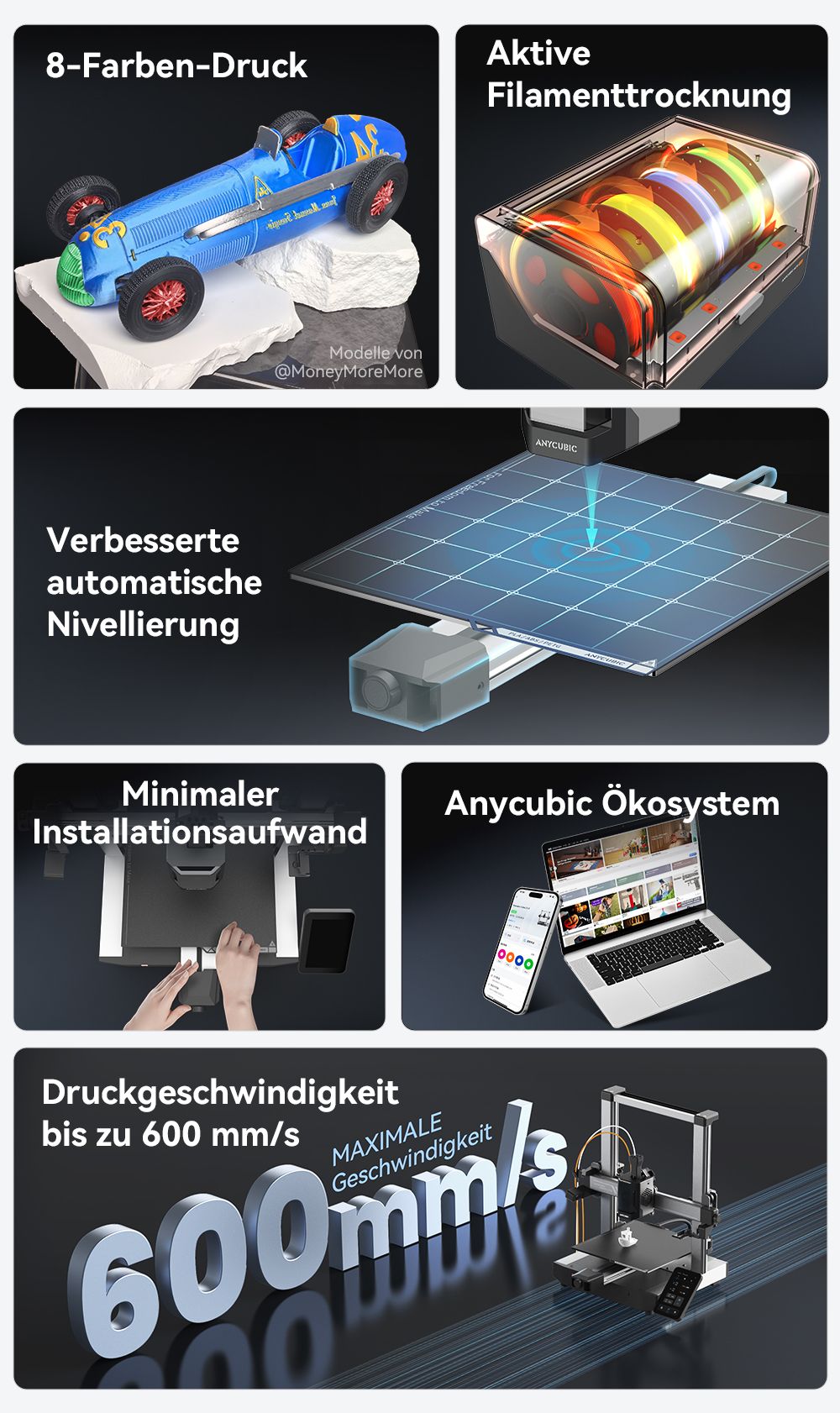 Anycubic Kobra 3 V2 Combo 3D-Drucker, ACE Pro Multicolor, 720P-Kamera, 600 mm/s Geschwindigkeit, automatische Nivellierung, Filamenttrocknung, 255 x 255 x 260 mm
