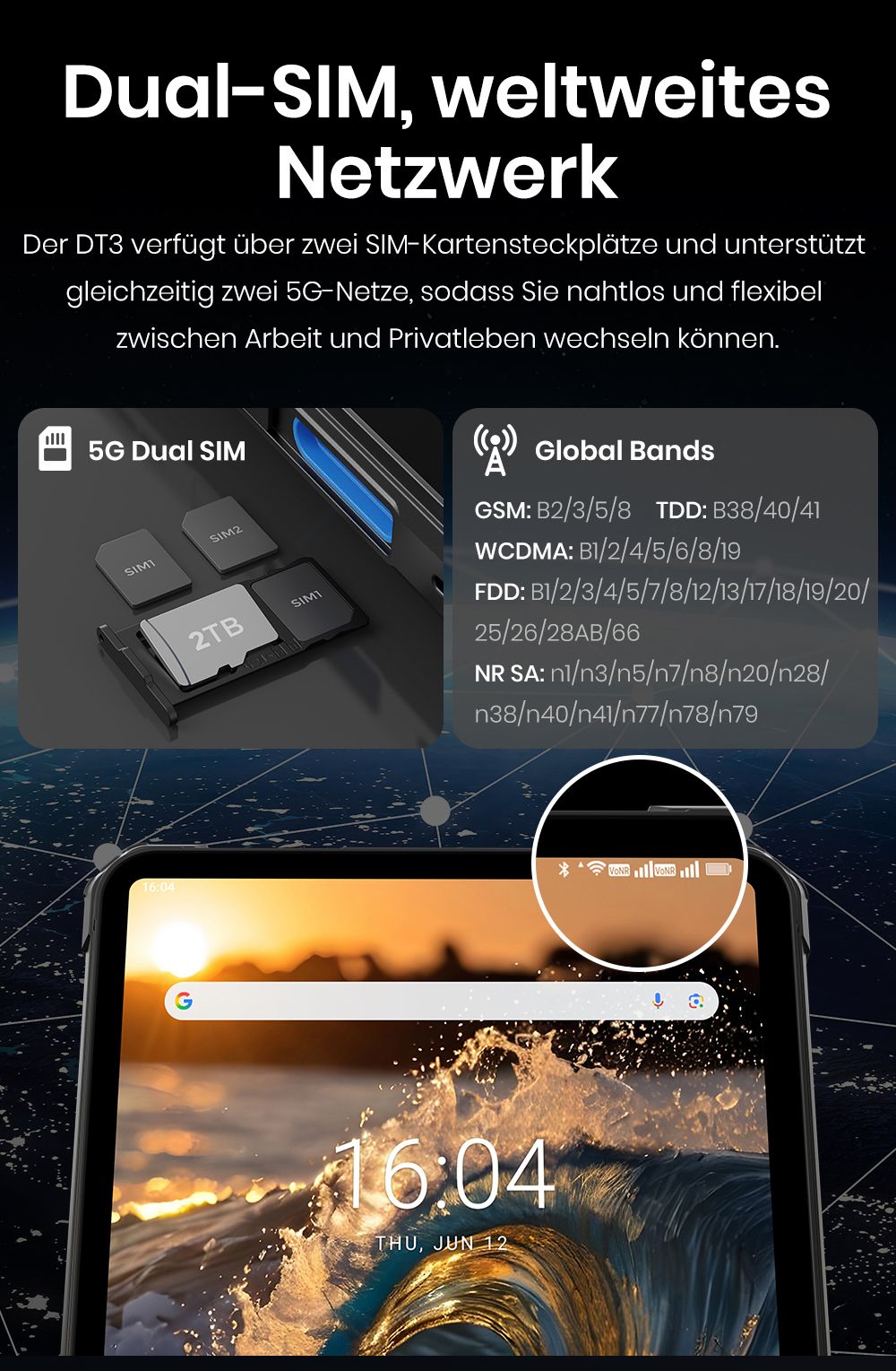 FOSSiBOT DT3 5G Rugged Tablet, Android 15, 10,4 Zoll 1200x2000 Display, 12GB RAM 256GB ROM, WiFi 6, 21560mAh Akku 66W Schnellladung, 64MP+32MP Kamera, LED-Taschenlampe, NFC, GPS/GALILEO/GLONASS/QZSS/BEIDOU/NavIC, Fingerabdruck- & Face ID-Entsperrung - Grau