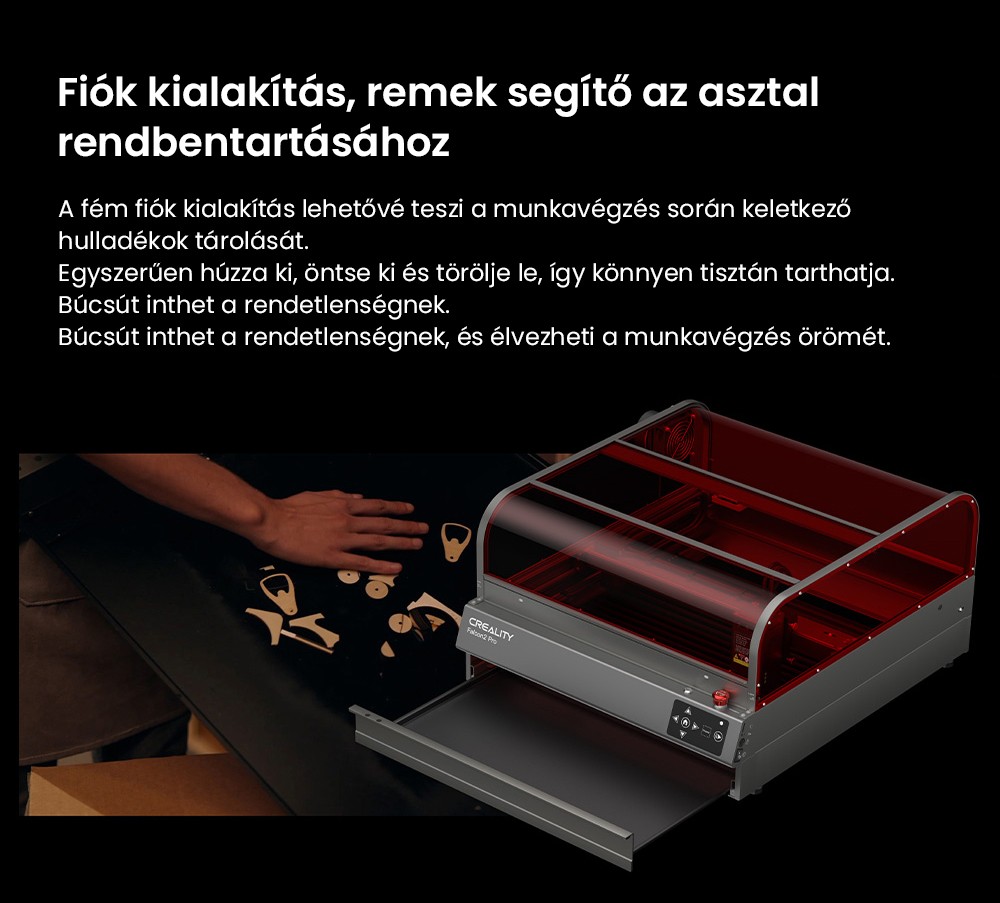 Creality Falcon2 Pro 40W-os lézergravírozó vágó, FDA 1. osztályú biztonsági tanúsítvány, füstelszívás, integrált légrásegítés, beépített kamera, kerítés típusú védőcsík, tűz- / légáramlás- / lencsefigyelés, 400*415mm