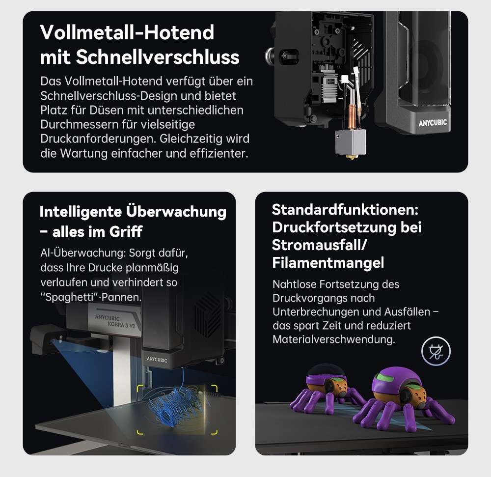 Anycubic Kobra 3 V2 Combo 3D-Drucker, ACE Pro Multicolor, 720P-Kamera, 600 mm/s Geschwindigkeit, automatische Nivellierung, Filamenttrocknung, 255 x 255 x 260 mm