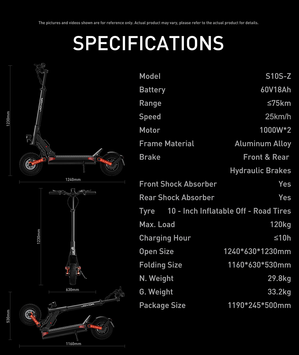 Joyor S10-S-Z Electric Scooter 10 Inch Off-road Tires 60V 18Ah Battery 1000W*2 Dual Motor 70-85KM Range 120KG Load Double Hydraulic Disc Brakes Shock absorber Turn signal Smart LED Display update from S10-S - Black