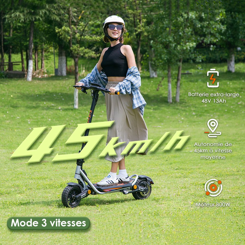 Kukirin A1 Trottinette électrique pliable, moteur 800 W, batterie 48 V 13 Ah, pneu à vide de 10 pouces, vitesse maximale de 45 km/h, autonomie de 45 km, freins à disque avant et arrière, amortisseurs avant et arrière