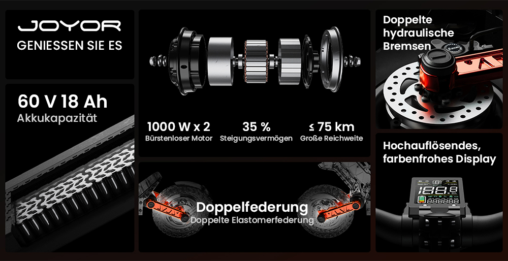 Joyor S10-S-Z Elektroroller, 60 V 18 Ah Akku, 1000 W Dual-Motor, 65 km/h Höchstgeschwindigkeit, 70-85 km maximale Fahrtstrecke, Schwarz