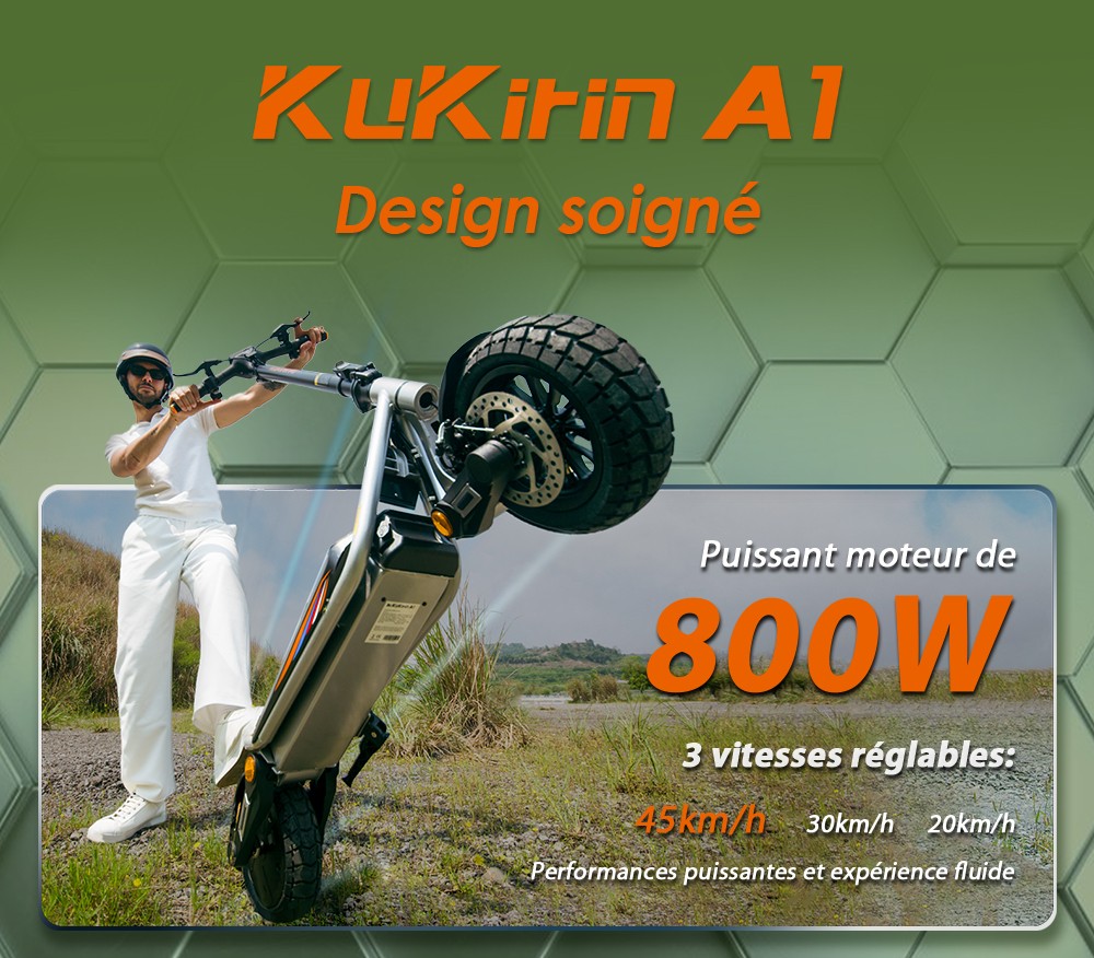 Kukirin A1 Trottinette électrique pliable, moteur 800 W, batterie 48 V 13 Ah, pneu à vide de 10 pouces, vitesse maximale de 45 km/h, autonomie de 45 km, freins à disque avant et arrière, amortisseurs avant et arrière