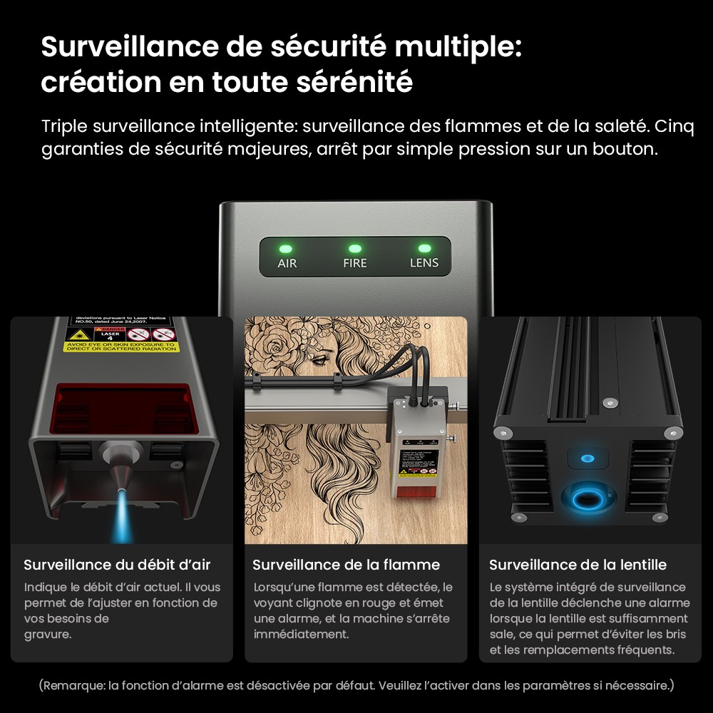 Graveur laser Creality Falcon2 Pro 40 W, certification de sécurité FDA classe 1, évacuation des fumées, assistance d'air intégrée, caméra intégrée, bande de protection de type clôture, surveillance incendie/flux d'air/lentille, 400 x 415 mm