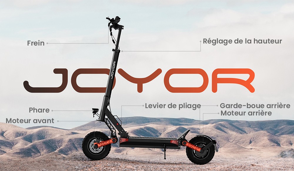 Joyor S10-S-Z Trottinette électrique, Pneus tout-terrain 10 pouces, Batterie 60V 18Ah, Double moteur 1000W*2, Autonomie 70-85KM, Charge 120KG, Freins à disque hydrauliques doubles, Amortisseur, Clignotant, Mise à jour de S10-S - Noir