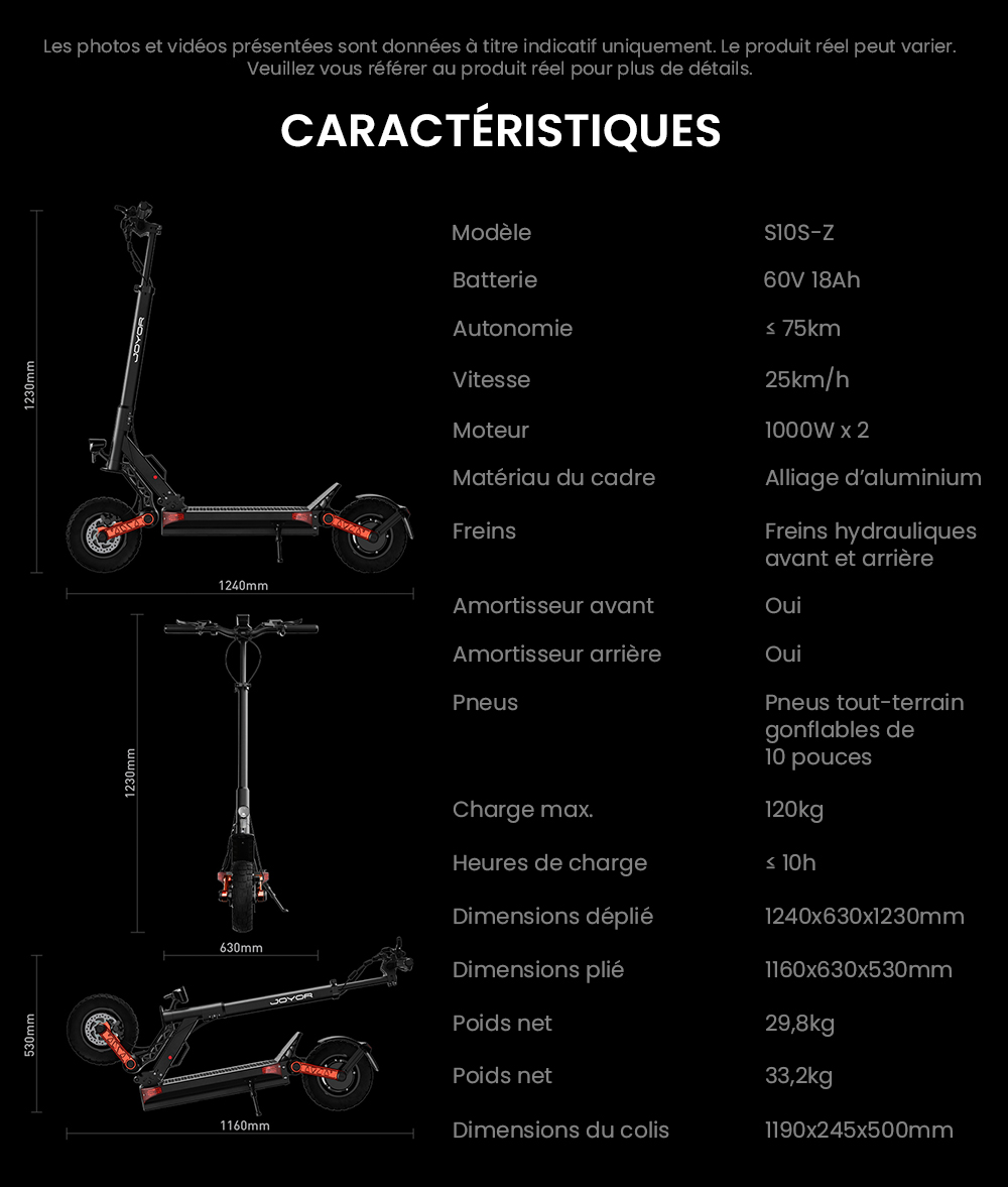 Joyor S10-S-Z Trottinette électrique, Pneus tout-terrain 10 pouces, Batterie 60V 18Ah, Double moteur 1000W*2, Autonomie 70-85KM, Charge 120KG, Freins à disque hydrauliques doubles, Amortisseur, Clignotant, Mise à jour de S10-S - Noir