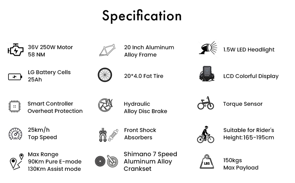 TTGO F6 Vélo électrique, moteur 250 W, batterie 36 V 25 Ah, pneus 20 x 4 pouces, vitesse maximale 25 km/h, autonomie maximale 130 km, frein à disque hydraulique, amortisseur avant, capteur de couple, Shimano 7 vitesses, écran LCD - Bleu