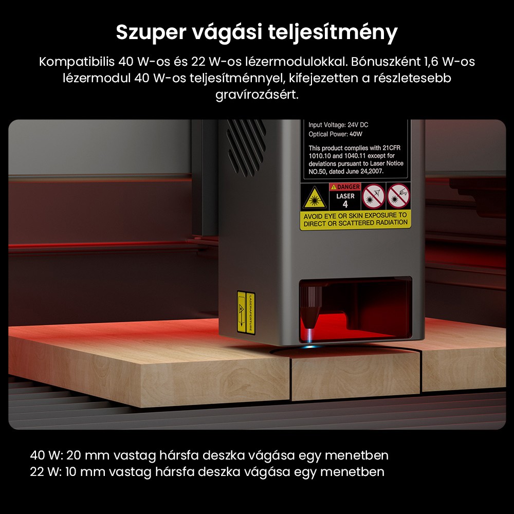 Creality Falcon2 Pro 40W-os lézergravírozó vágó, FDA 1. osztályú biztonsági tanúsítvány, füstelszívás, integrált légrásegítés, beépített kamera, kerítés típusú védőcsík, tűz- / légáramlás- / lencsefigyelés, 400*415mm