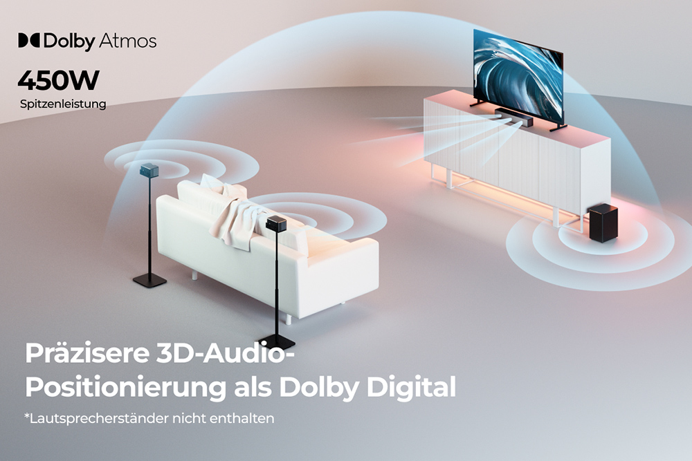 Ultimea Poseidon M4T 5.1 Soundbar + 1 Paar * Steady 300 Lautsprecherständer, Dolby Atmos, 450 W Spitzenleistung, einstellbarer Surround-Pegel