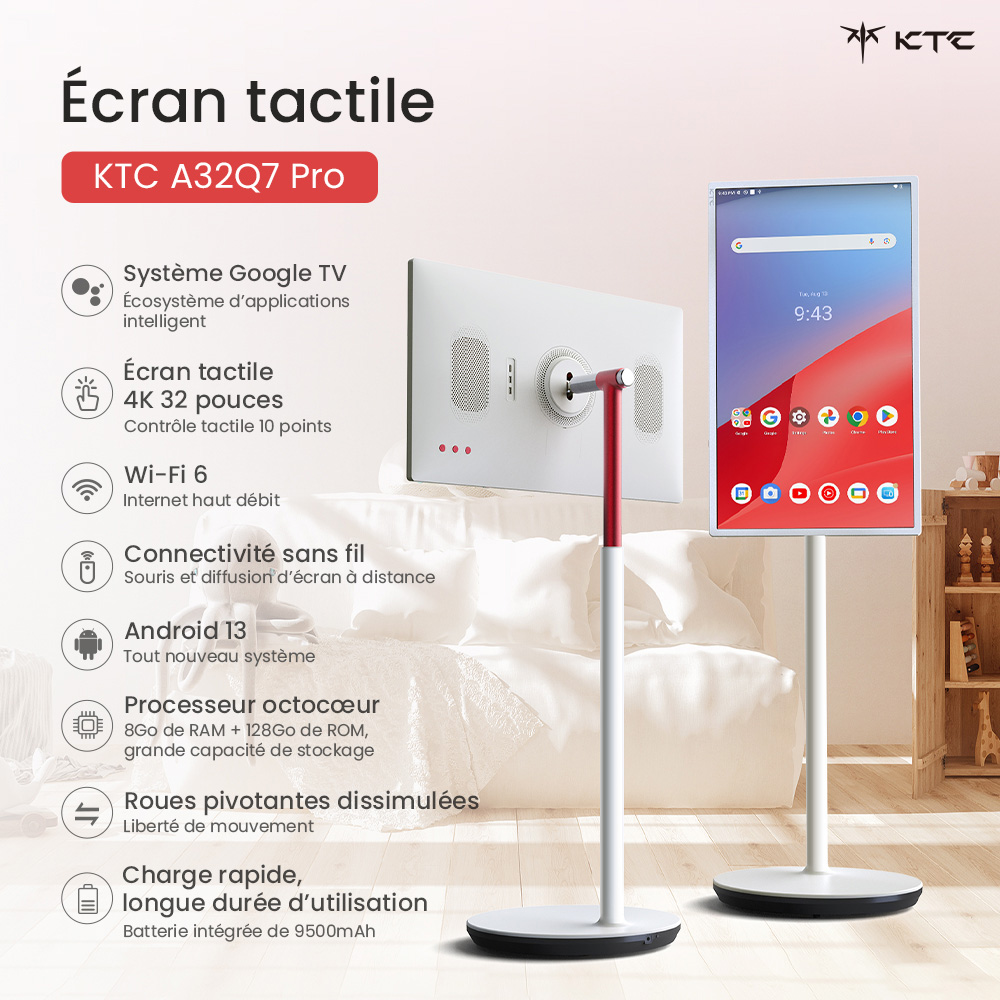 Moniteur mobile KTC A32Q7 Pro, écran tactile 4K 32'', WiFi6, Android 13, RK3588S 8 cœurs, certification Google EDLA, batterie 9500 mAh, 8 Go de RAM 128 Go de ROM, angles réglables, 1 * HDMI 2.0, 1 * USB 3.0, 1 * USB 2.0