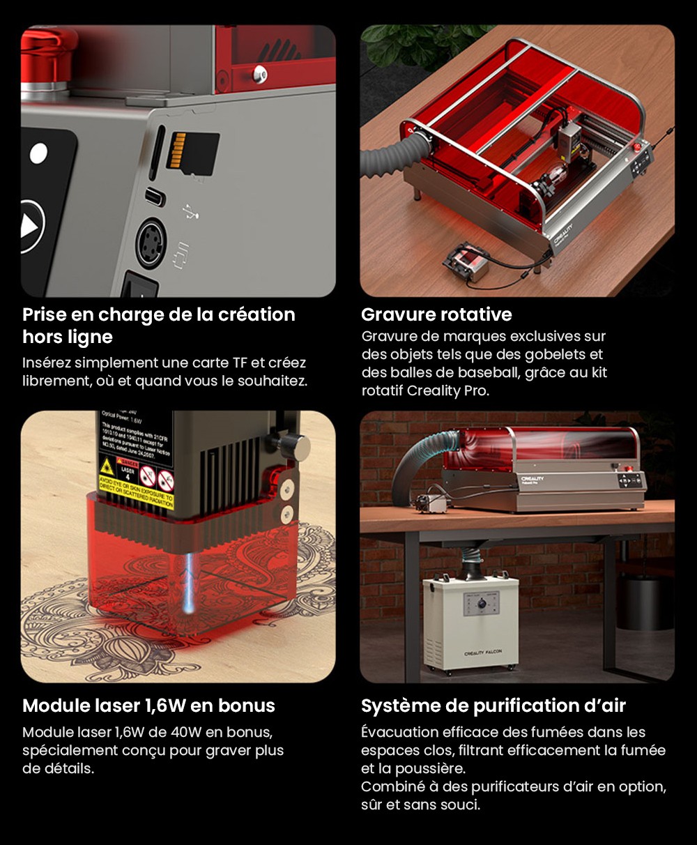 Graveur laser Creality Falcon2 Pro 40 W, certification de sécurité FDA classe 1, évacuation des fumées, assistance d'air intégrée, caméra intégrée, bande de protection de type clôture, surveillance incendie/flux d'air/lentille, 400 x 415 mm