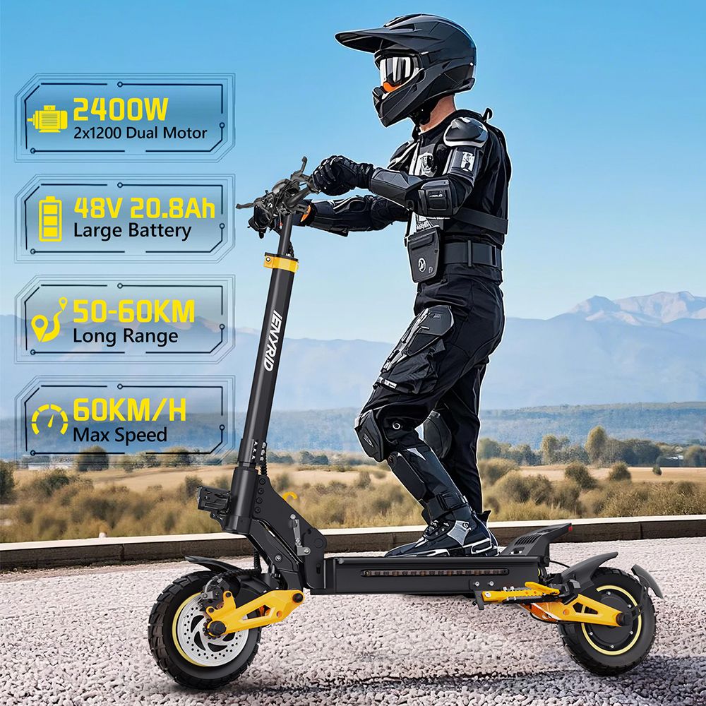 iENYRID ES1 Trottinette électrique, moteur 250 W x 2, batterie 48 V 20,8 Ah, pneus tout-terrain 10 pouces, vitesse maximale 25 km/h, autonomie 60 km, freins à double disque, suspension à ressort hydraulique avant et arrière, régulateur de vitesse
