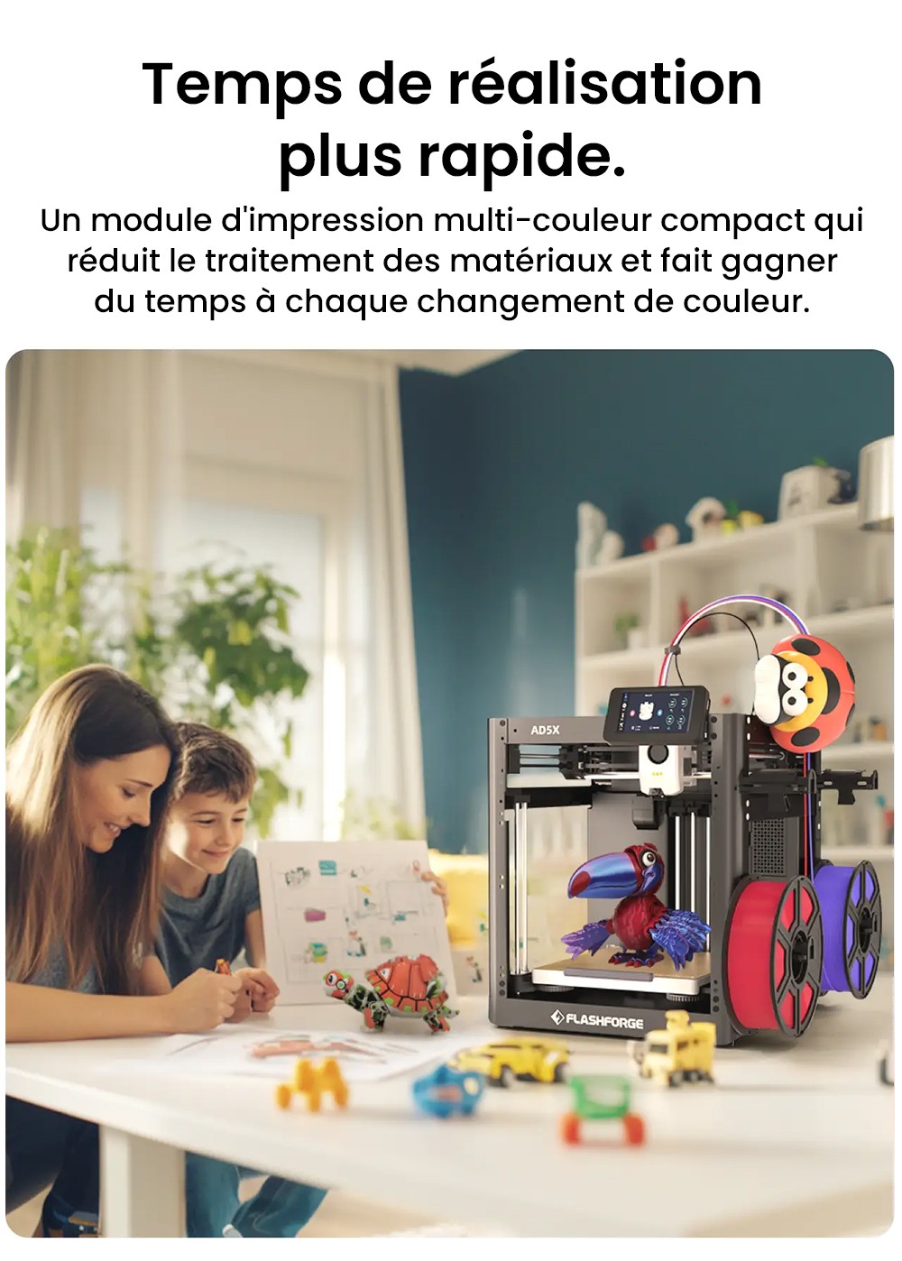 Flashforge AD5X Imprimante 3D, Impression intelligente 4 couleurs, Vitesse max 600 mm/s, 220×220×220mm