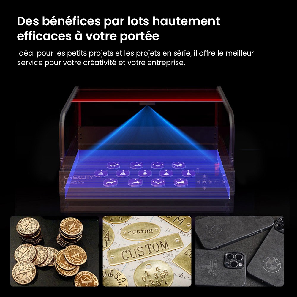 Graveur laser Creality Falcon2 Pro 40 W, certification de sécurité FDA classe 1, évacuation des fumées, assistance d'air intégrée, caméra intégrée, bande de protection de type clôture, surveillance incendie/flux d'air/lentille, 400 x 415 mm