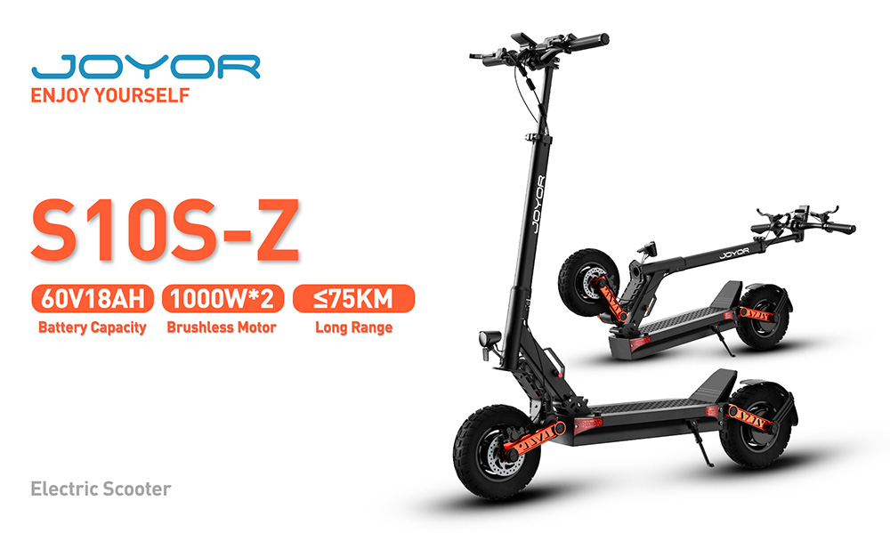 Joyor S10-S-Z Electric Scooter 10 Inch Off-road Tires 60V 18Ah Battery 1000W*2 Dual Motor 70-85KM Range 120KG Load Double Hydraulic Disc Brakes Shock absorber Turn signal Smart LED Display update from S10-S - Black